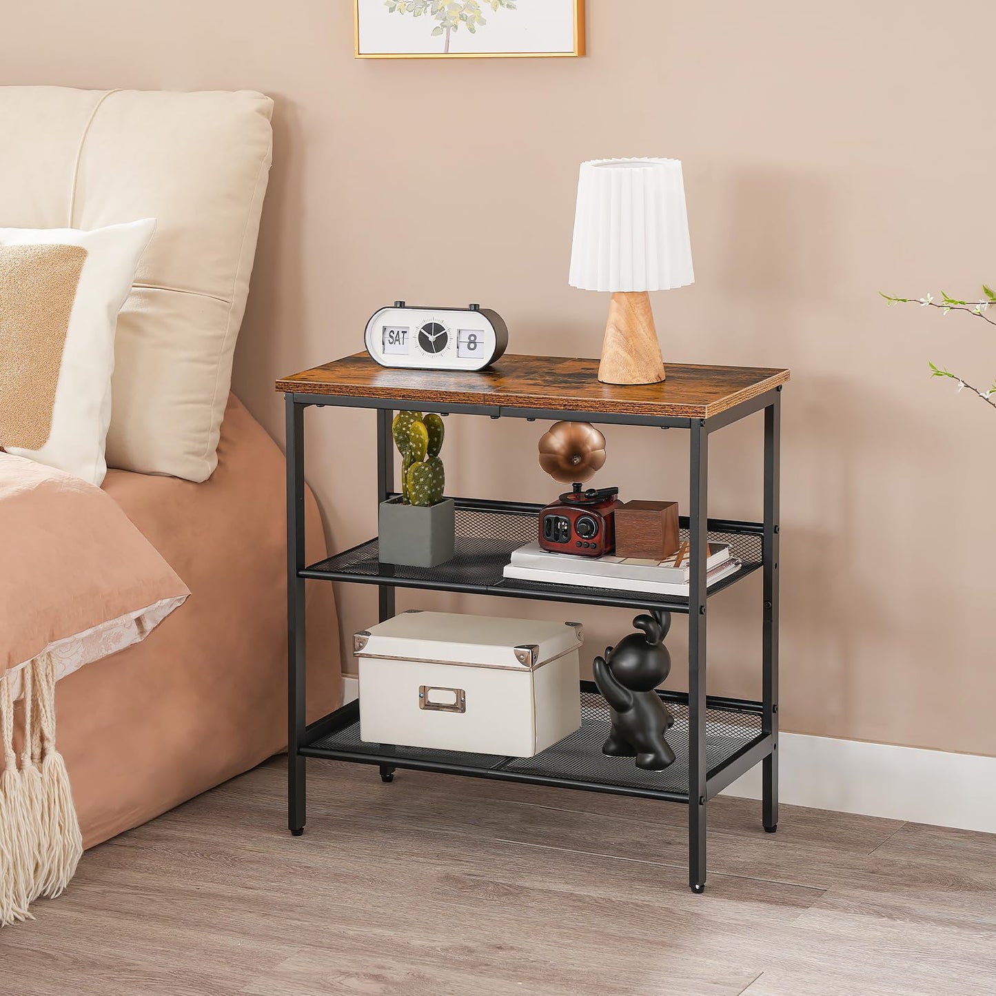 HOOBRO End Table, 3-Tier Narrow Side Table, Nightstand with 2 Flat or Slant Adjustable Shelves for Small Spaces, Hallway, Living Room, Bedroom, Sturdy, Easy Assembly, Rustic Brown and Black BF23BZ01G1