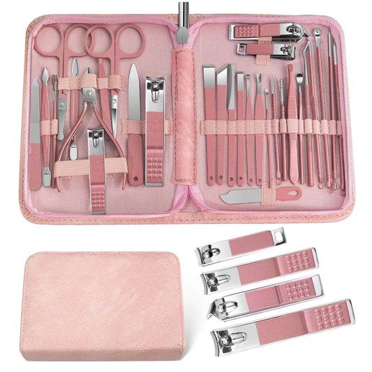 Women Manicure kit Professional sat Nail Set kit Pedicure Kit 30 in 1 Nail Clippers for Women Grooming Nail Care kit with Luxurious Travel Case Pink