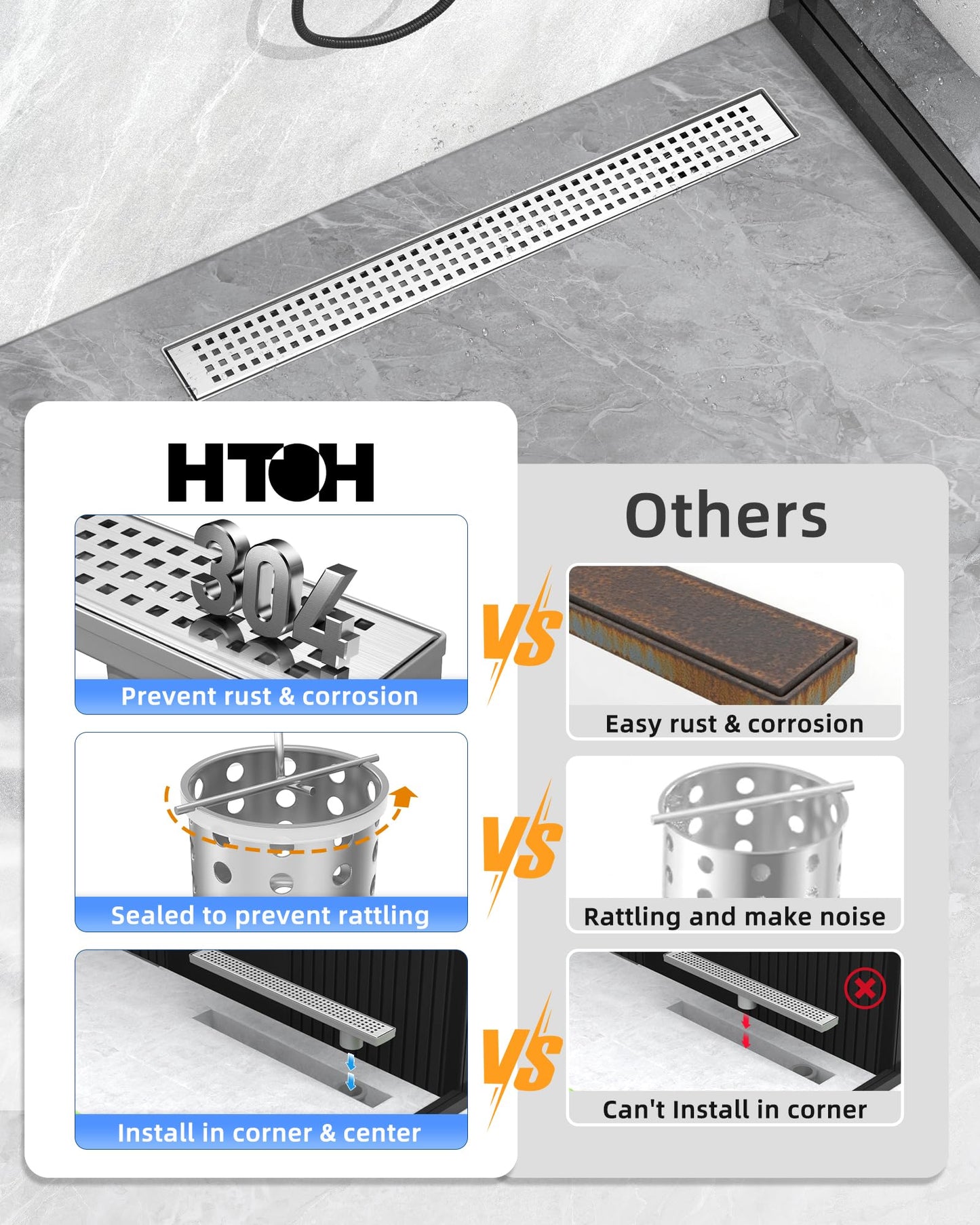 HTOH Shower Drain Offset Outlet for Bathroom: 48-Inch Brushed Nickel Linear Shower Drain with Removable Grate - 304 Stainless Steel Shower Floor Drain Side Outlet with Hair Catcher, Adjustable Feet