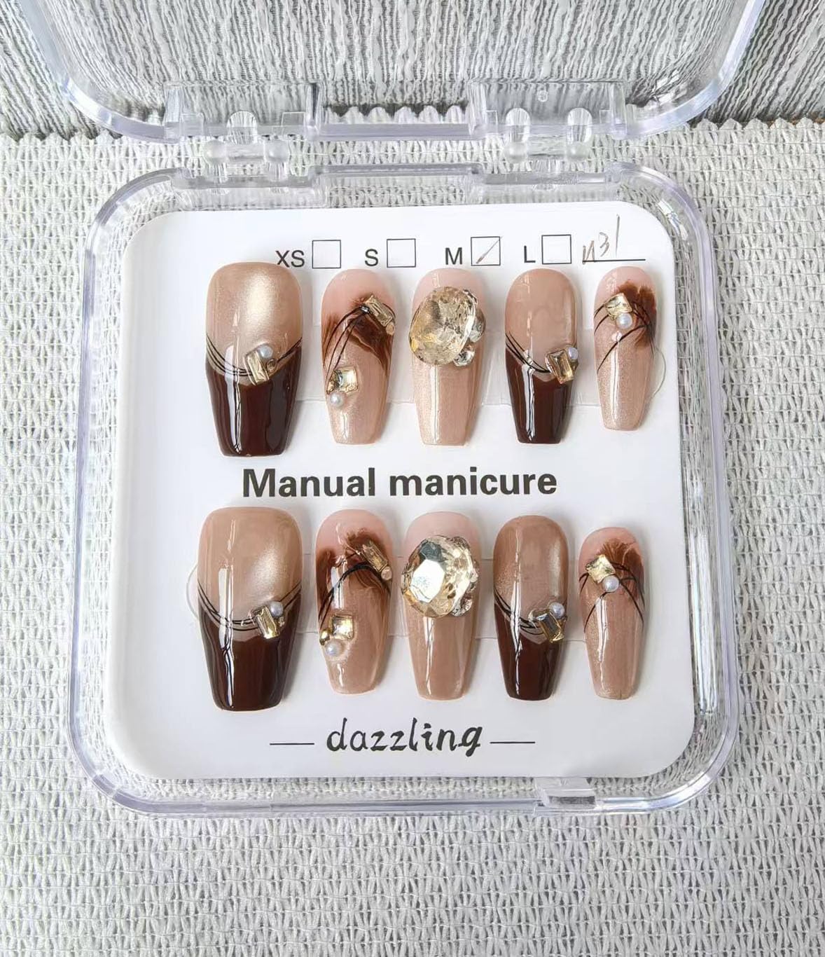 Handmade Press on Nails Coffin Medium False Nails Cat's Eye Black French Tip with 3D Rhinestones Designs Rhinestones Charm Cute luxury Acrylic Nails for Women (Size M）10pcs