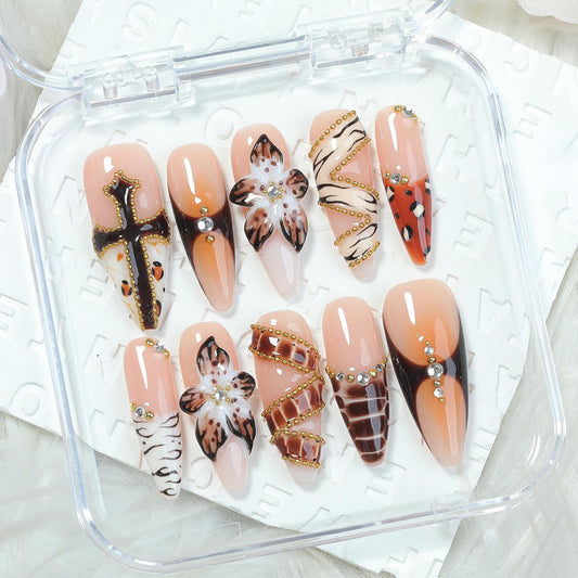 Brown Tortoise & Leopard Press On Nails 10pcs, Handmade Luxury Long Almond Acrylic Nails with 3D Flowers, Gold Chain Accents & Rhinestones, Trendy Brown Gradient Fake Nail Set – Appife
