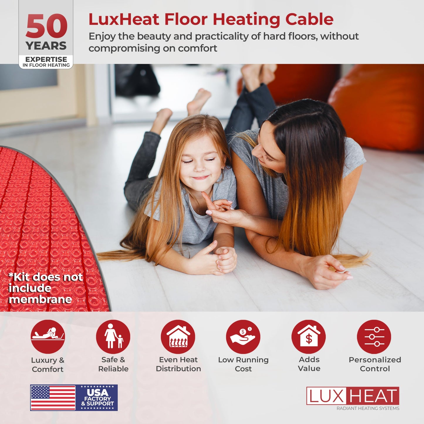 LuxHeat 100sqft Floor Heating Cable Kit - 120v Tile, Vinyl, Laminate Flooring Heating System - Heated Flooring System Includes UDG4 Programmable Thermostat w/GFCI, Heat Cable, Alarm & Floor Sensor