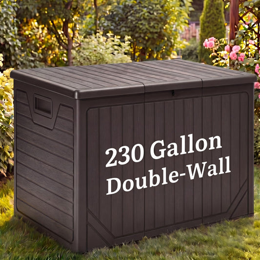YITAHOME 230 Gallon Extra Large Outdoor Storage Box, Waterproof Double-WallDeck Box with Hydraulic Piston for Garden Tools, Pool Accessories & Cushions, Resin Deck Organizer with Bench Seat(Brown)