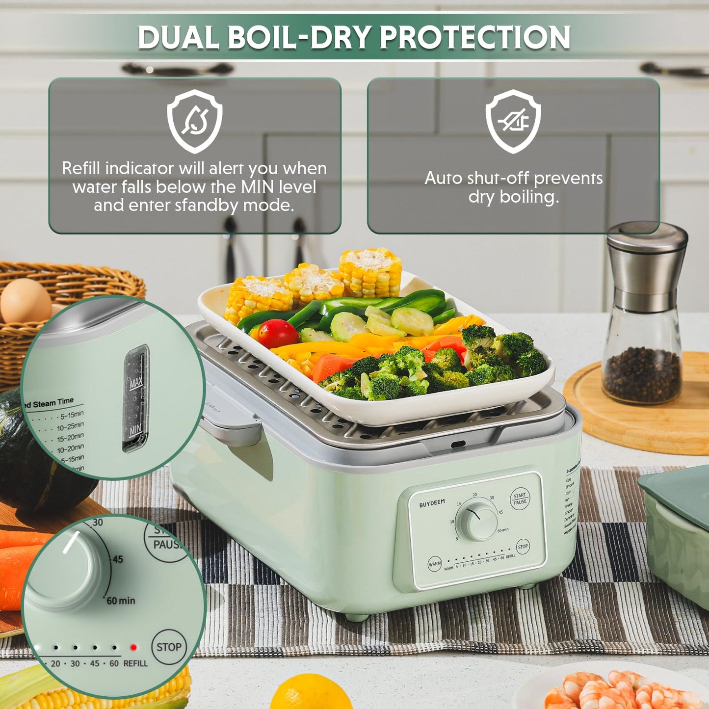 BUYDEEM G52 5.3 Quart Electric Food Steamer for 2-4 Servings, Vegetable Steamer for Cooking, 2-hour Keep Warm, 7 Preset Timings, Dual Boil-Dry Protection, Stainless Steel, Cozy Greenish