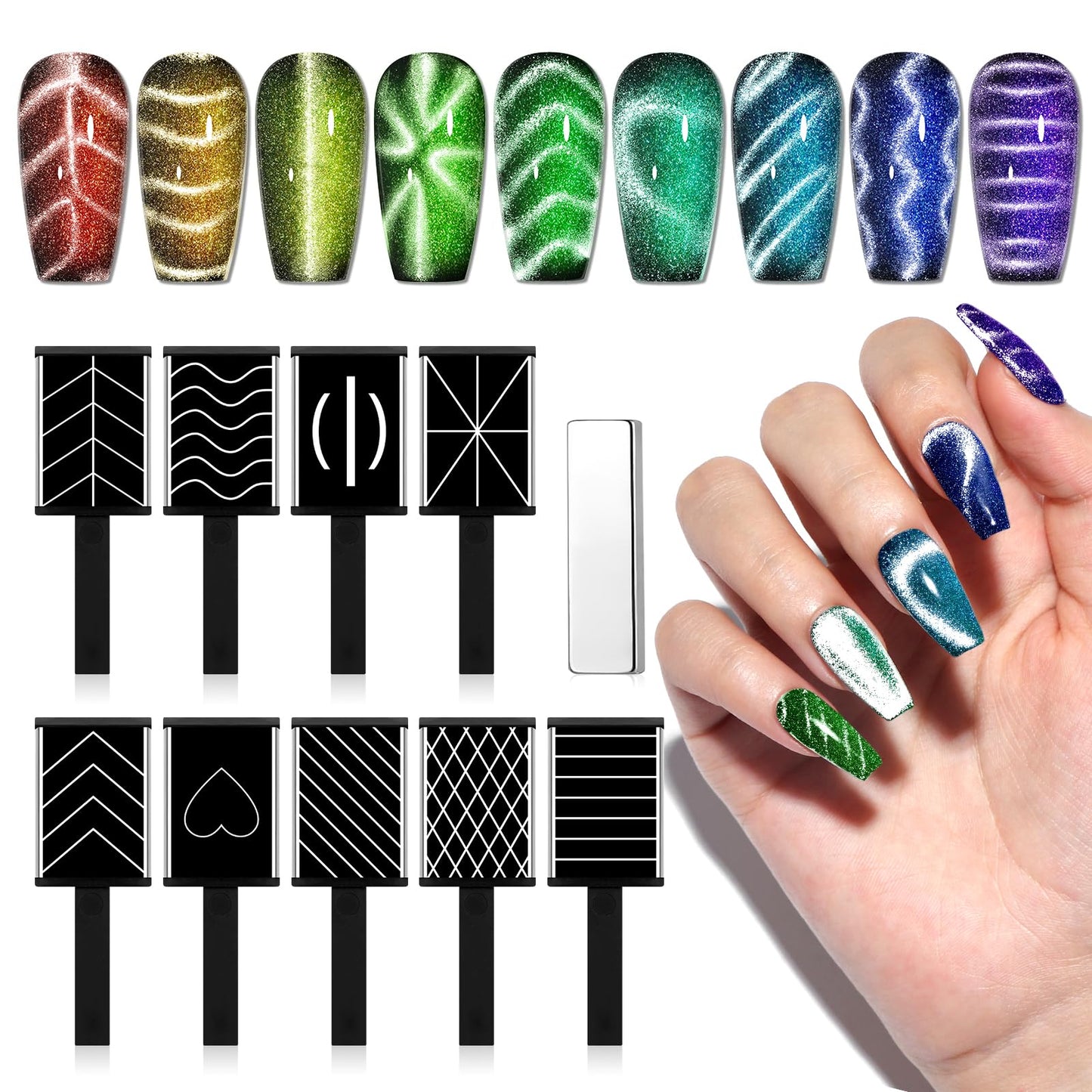 SAVILAND Cat Eye Magnet for Nails: 10PCS CatEye Gel Nail Polish Strong Nail Magnets Set 1000＋Styles Creation Magnetic Wand Quicker DIY Nail Art Tools for Enthusiasts Technicians Salon Home Studio