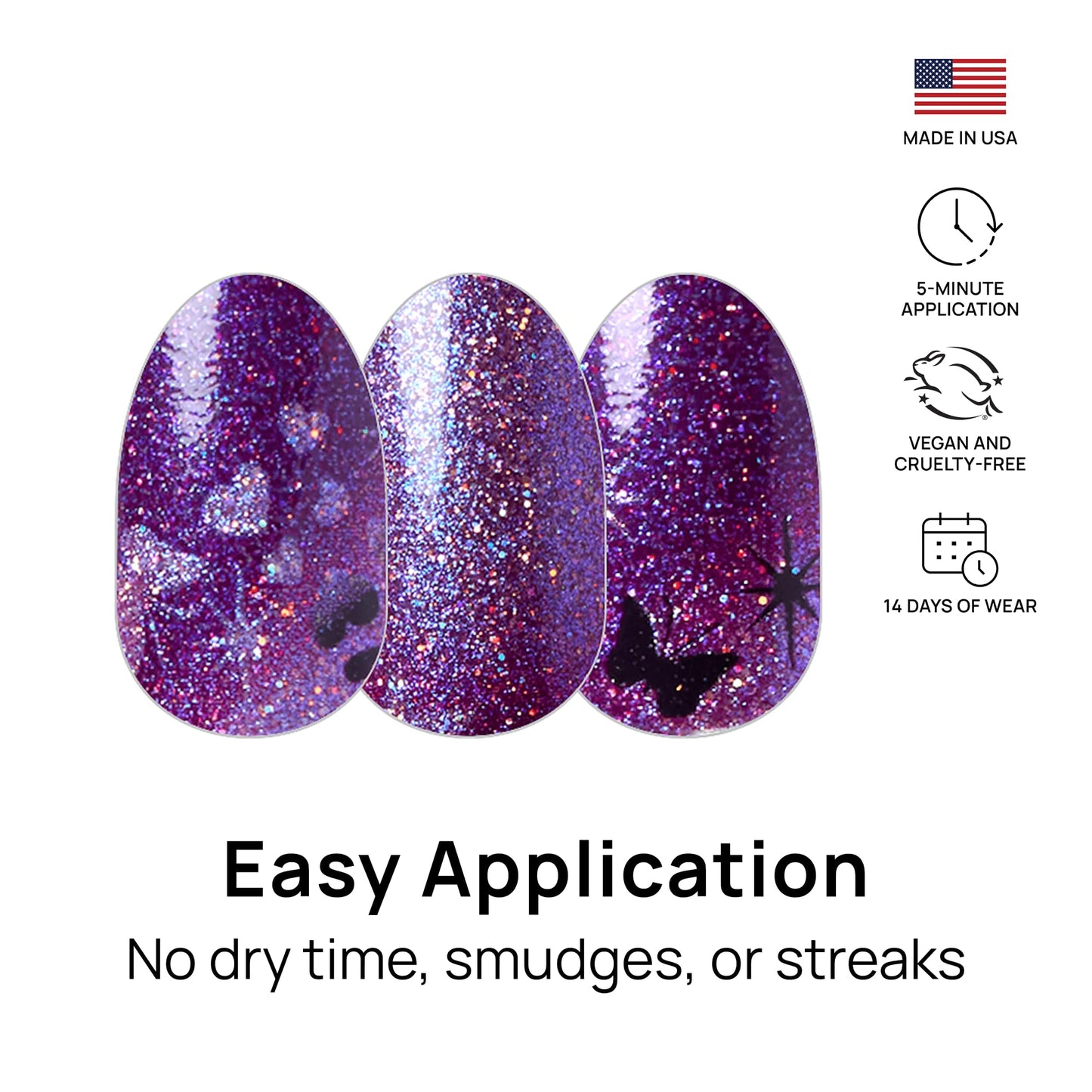 Color Street - Heart Takes Flight - Purple Lavender Ombre Glitter Butterfly Nails, Real Nail Polish Strips, Valentine’s Day Manicure Set - 16 Strips