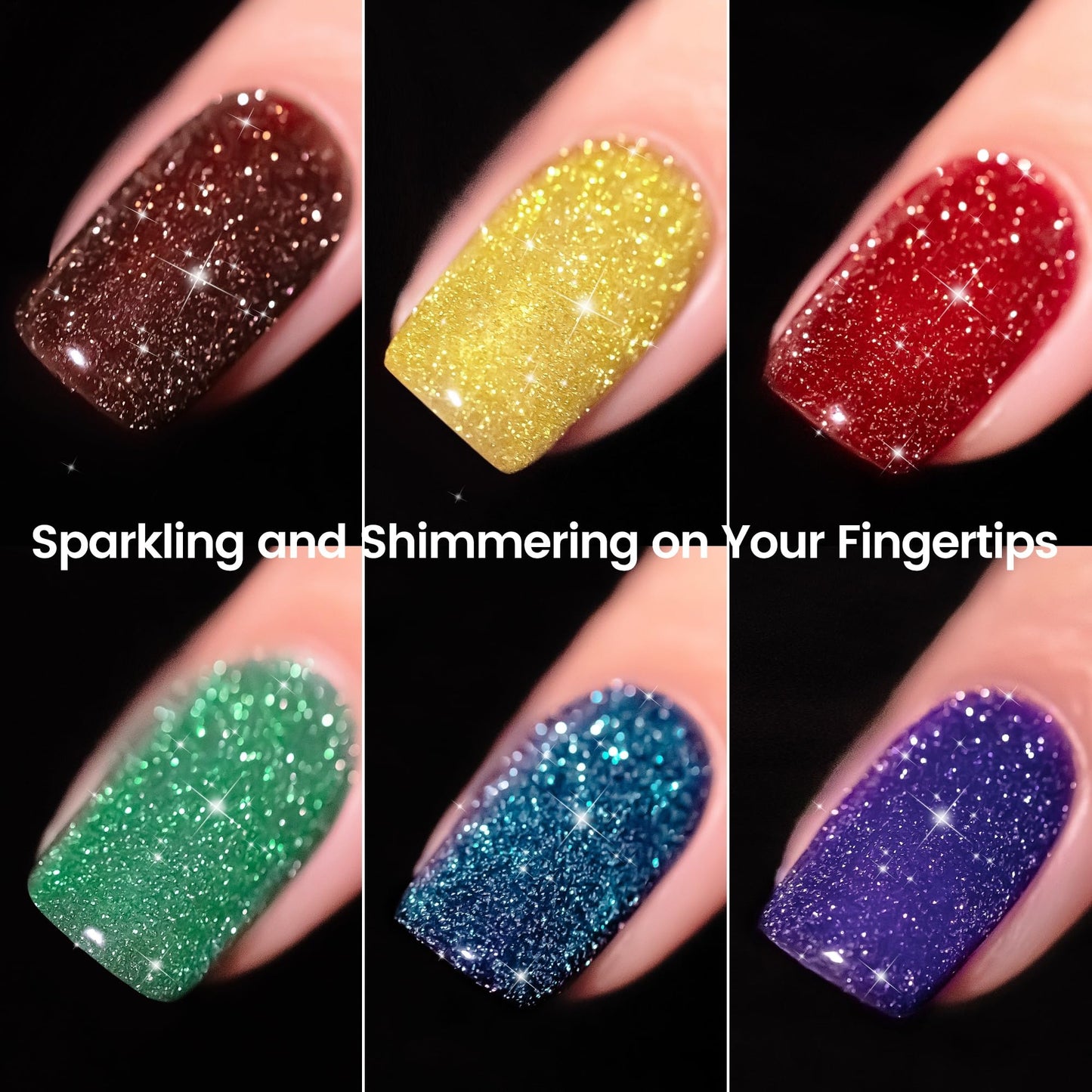 YTD Likomey Reflective Glitter Gel Nail Polish Set,Flash 6 Colors with Base and Top Coat Kit,Summer Brown Gold Red Green Purple Diamond Sparkle Manicure UV Color Nail Varnish,8 Pcs 7.5 ml