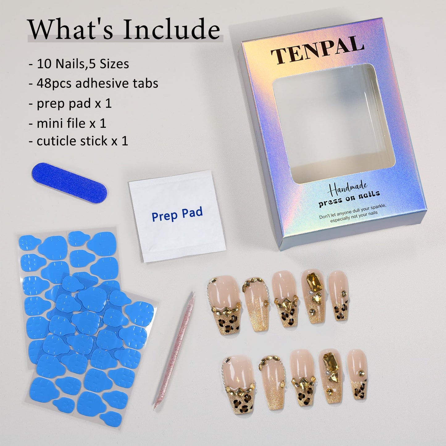 TENPAL Handmade Leopard Cat Eye French Glitter Design Fake Nails,Resuable 10Pcs Press on Nails Medium Kit,Luxury Coffin Shaped Glam Glue on Nails for Women Daily Use, Bridal,Autumn Winter Parties(M)