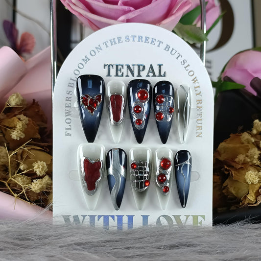 TENPAL Halloween Vampire Nails,Gothic Press On Nails Long Stiletto With Tools,Black Dark Ombre Fake Nails with Red Gems,10Pcs Hand-Painted Glossy Acrylic Glue on Nails for Women Parties Events(XS)