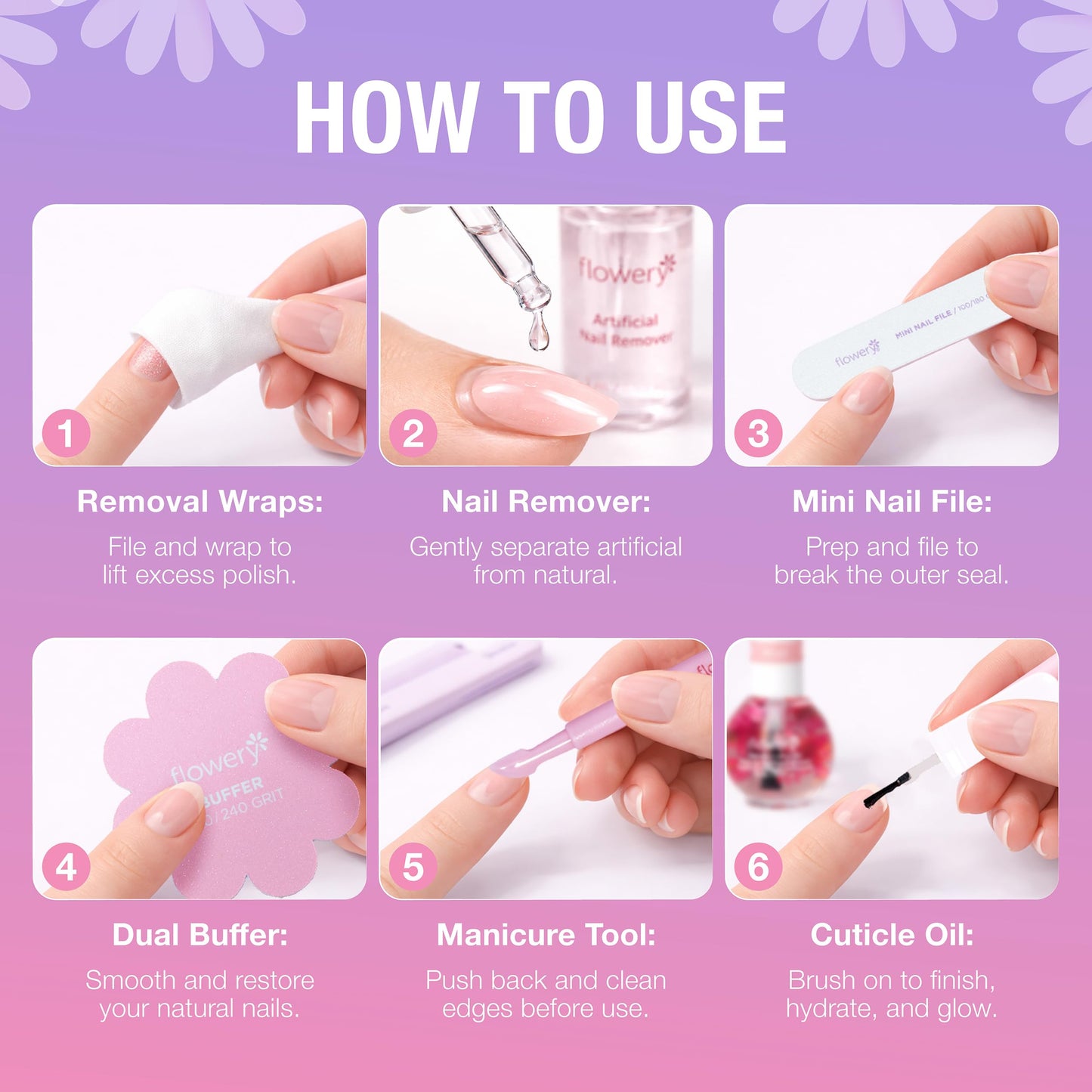 Flowery Pro Artificial Nail Removal Kit – Gel Nail Polish Remover Kit with Rose Cuticle Oil, Buffer, Mini Files, & Pre-Soaked Polish Wraps, DIY Manicure Set
