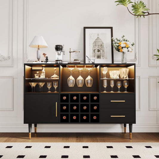 GarveeHome 47 in Bar Cabinet with LED Lights & Charging Station, Modern Sideboard Buffet Cabinet with Storage Drawers, Wine Rack & Doors, Coffee Bar Table for Living Room, Dining Room, Home- Black