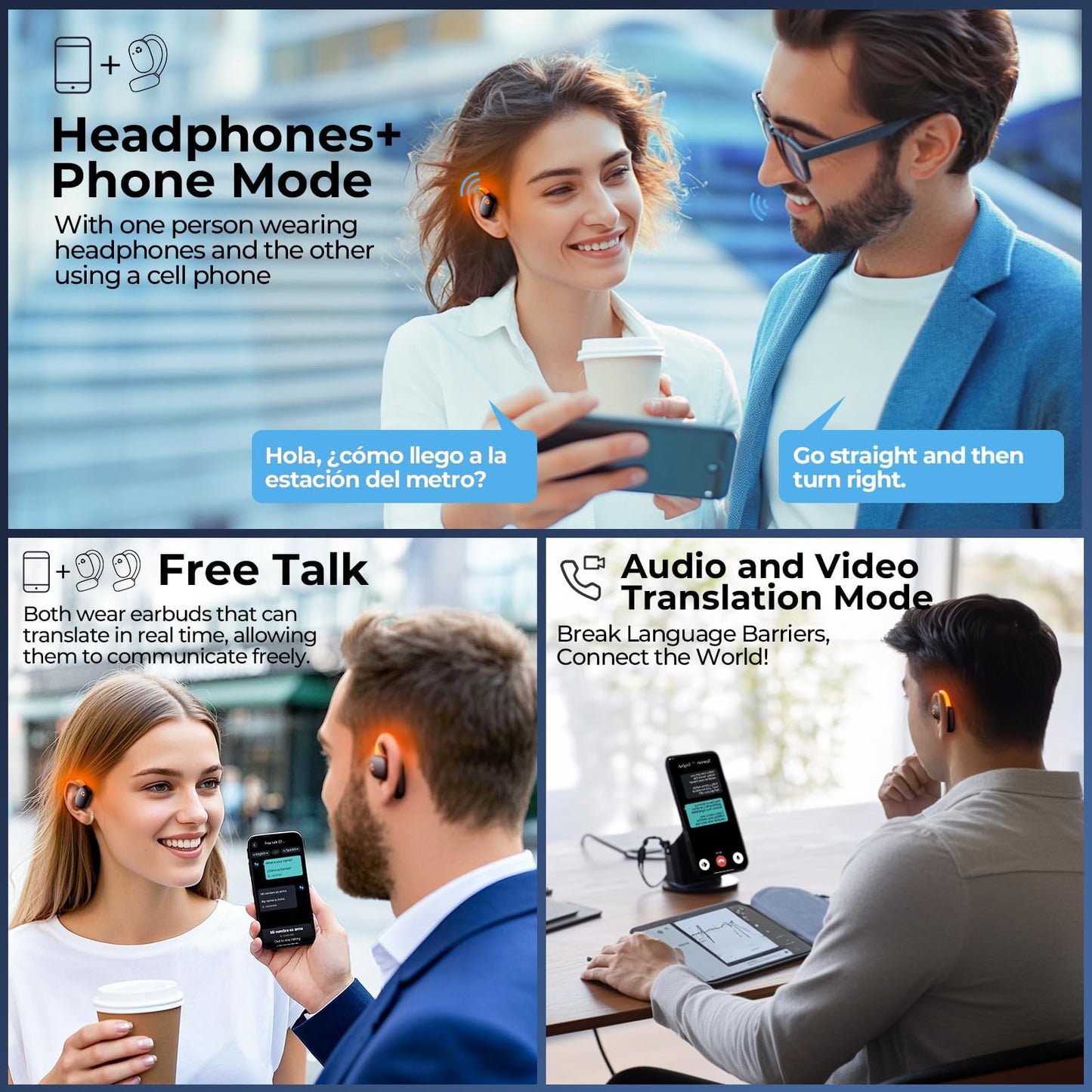 AI Translation Earbuds Real Time 80H Playtime 164 Languages Translator Ear Buds with Glowing Earhook Bluetooth Translating Headphones audifonos traductores inglés español for Travel Business Meeting