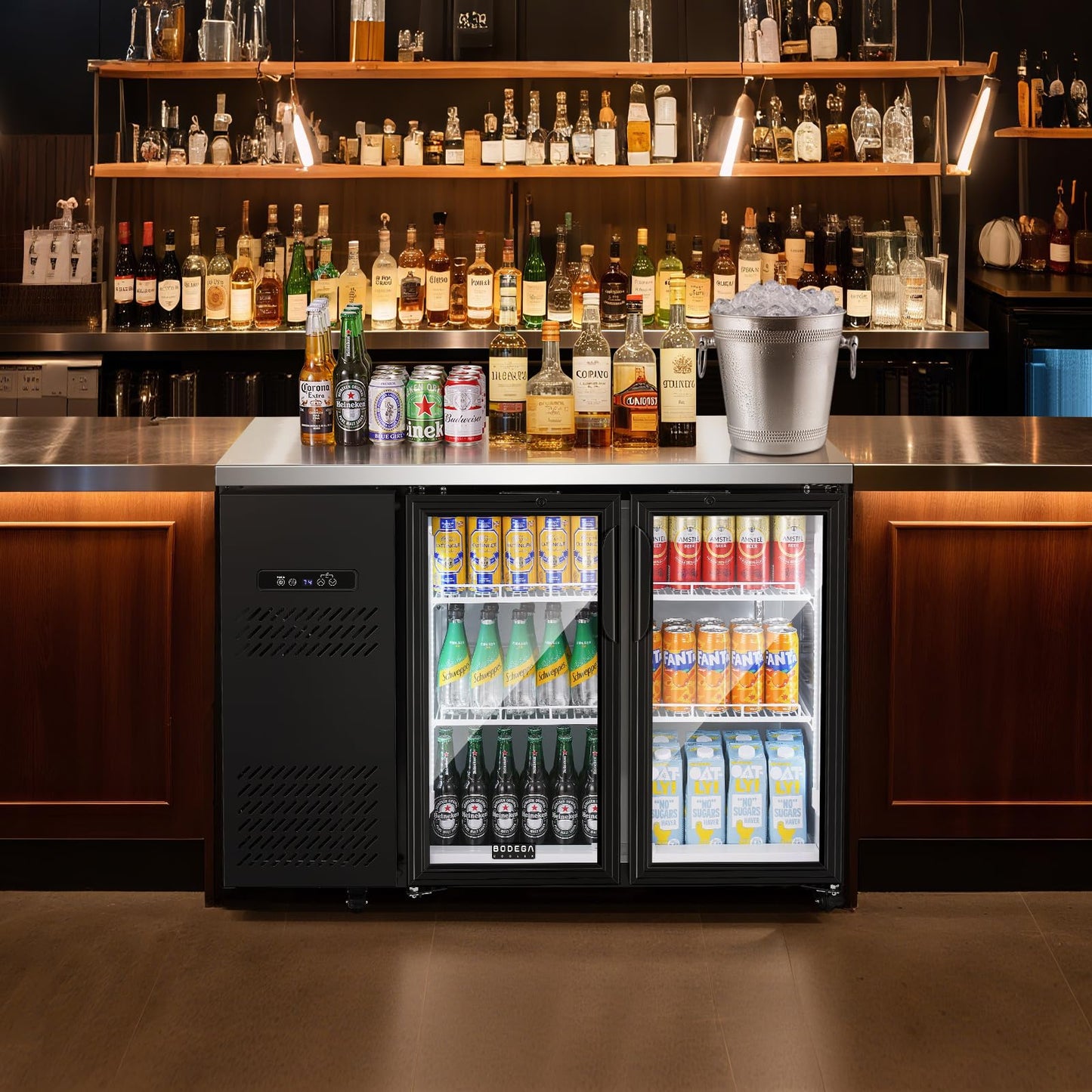 BODEGACOOLER Commercial Back Bar Cooler with 2 Glass Doors,12 Cu.Ft Stainless Steel Commercial Counter Height Bar Refrigerator,Display Drink Beverage Beer Fridge LED Lighting,SUS304 Top,4 Casters