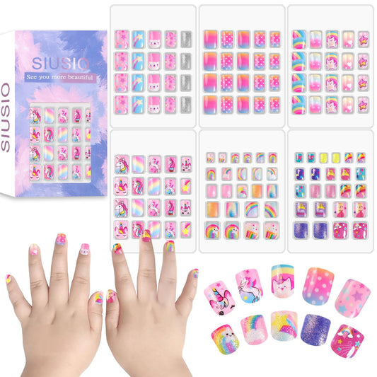 SIUSIO 6 Pack Press on Nails kids Children Acrylic Fake Nails Cute Pre-glue Full Cover Gradient Color Rainbow Short Stick On False Nail Art Kits Set for Kids Little Girls - Rainbow Dream