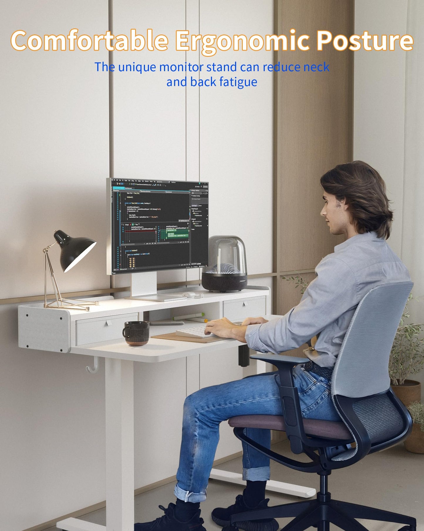YIHAYO Electric Standing Desk with Drawers, 55 x 24 Inches Adjustable Desk with Storage Shelf, Stand Up Desk with Splice Board, Computer Table for Home Office,White Frame/White Top