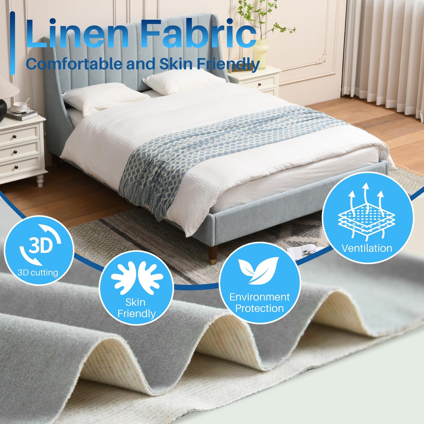 YUHUASHI Queen Size Bed Frame with Linen Fabric Twin Wingback Headboard, Upholstered Platform Bed with Wooden Slat Support, Noiseless, No Box Spring Required (Light Blue, Queen)