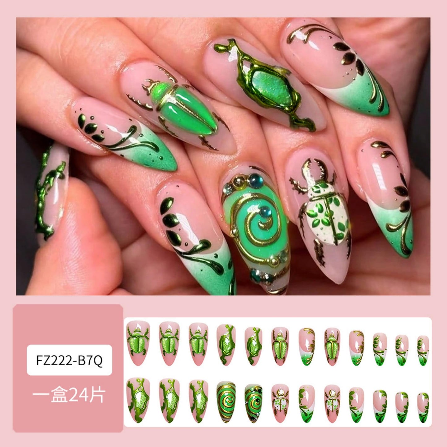 Long Press on Nails Almond Fake Nails Green Artificial Nail Cat Eyes Rhinestones Handmade Gold Charm Designs Stick on Nail for Women 24pcs
