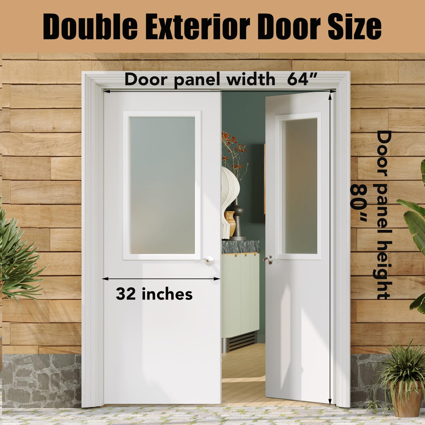 Lakenyon Exterior Doors, 1-Panel Frosted Glass Front Door, 64" x 80", Solid Wood & MDF Entry Doors, Waterproof Primed, Easy DIY Install