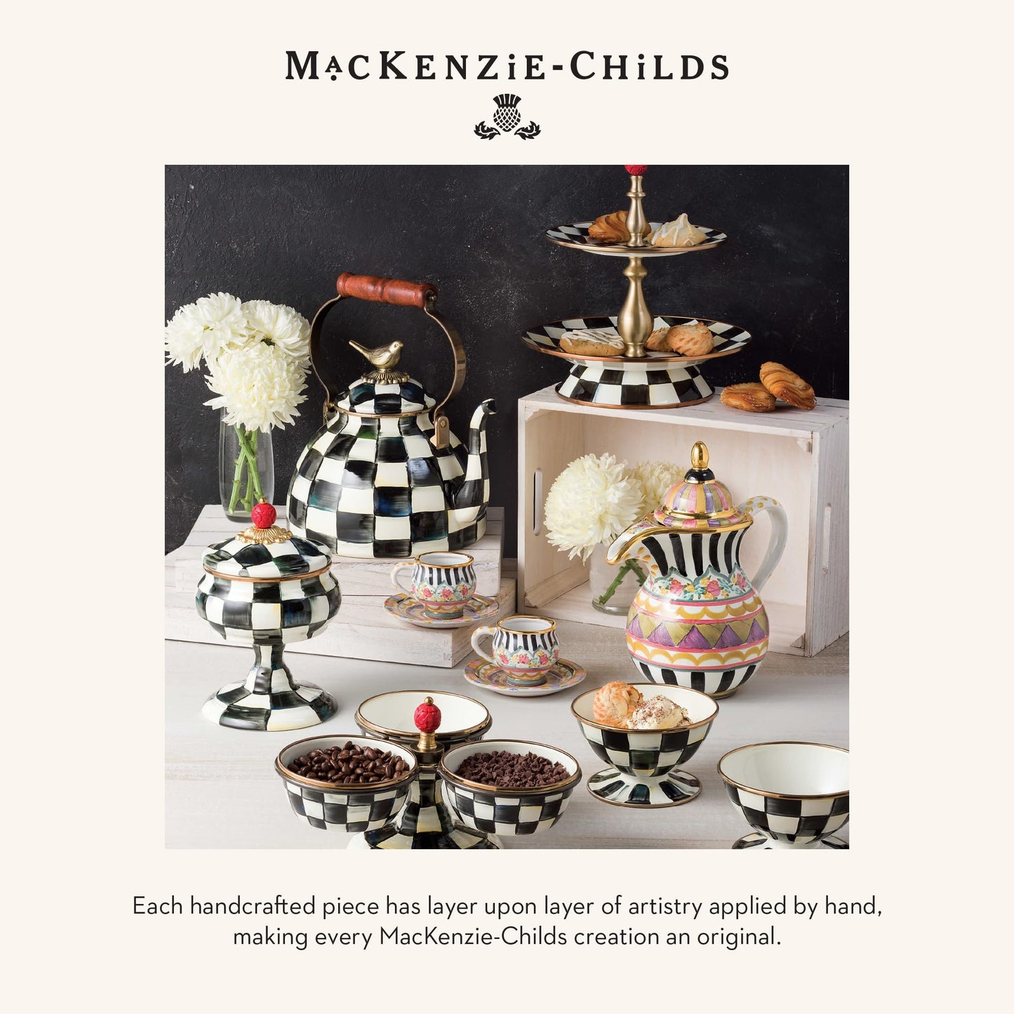 MACKENZIE-CHILDS Enamel Creamer and Sugar-Bowl Set, Cream Dispenser and Sugar Holder, Unique Kitchen Decor, Black-and-White Courtly Check