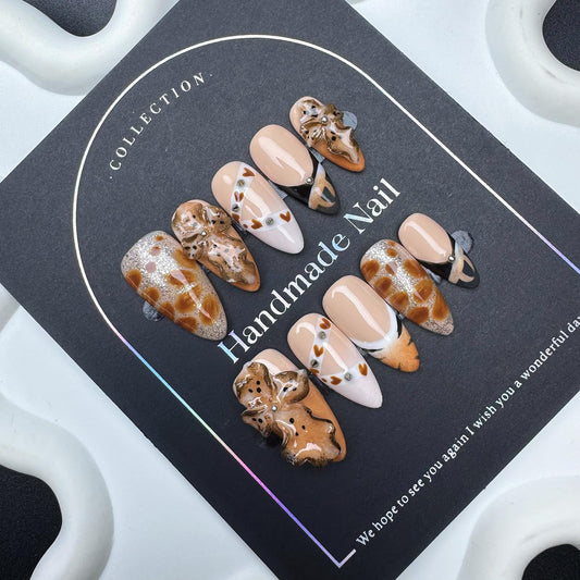 100% Handmade Press on Nails Fall Medium Almond Handmade Nails with Rhinestone Flower Charm Design Brown False Nails Leopard Print Nail Press ons Reusable Acrylic Nail for Women Girls Size L 10Pcs