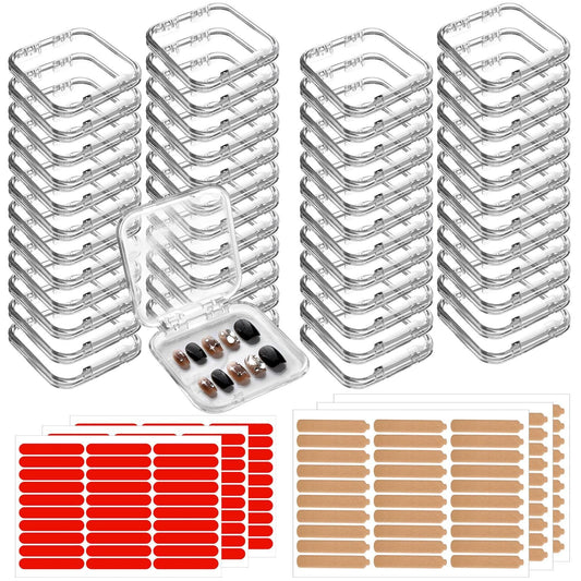 Aemygo 48 Sets Press On Nail Storage Box, Clear Artificial Nail Display Case Acrylic Nail Boxes Press On Nail Packaging Box, Adhesive Double Sided Tape Nail Box for Nail Salon
