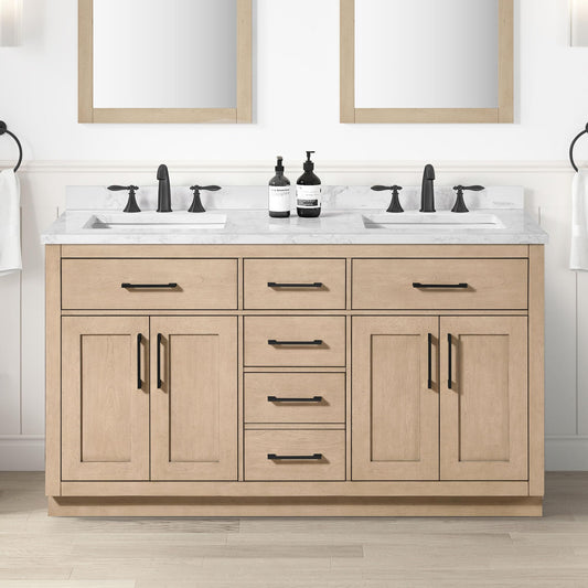 OVE Decors Athea 60 in. Double Sink Freestanding Sahara Birch Bathroom Vanity with White Engineered Marble Top, Matching Backsplash and Power Bar