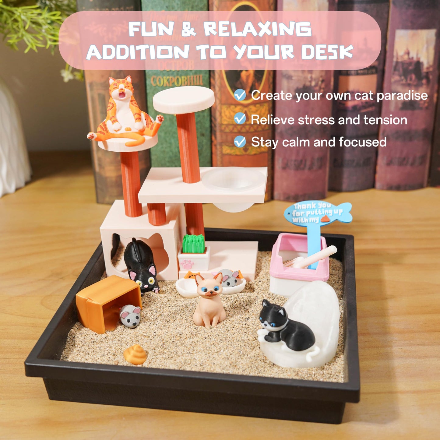 Tian Zhun Cat Lover Gifts for Women Adults Cat Mom Gifts Mini Zen Garden for Desk Cats Themed Gift Sand Tray Therapy Kit Sand Included
