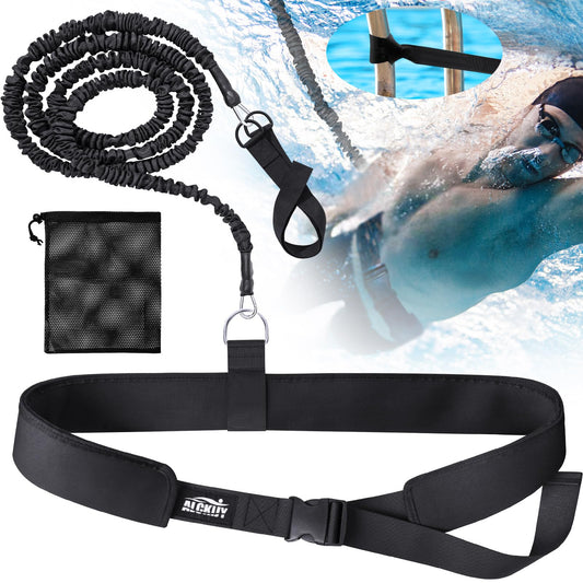 Swimming Training Belt 8-25FT Adjustable Swimming Resistance Belt, Stationary Harness for Any Pool Without Counter Current System (Black)