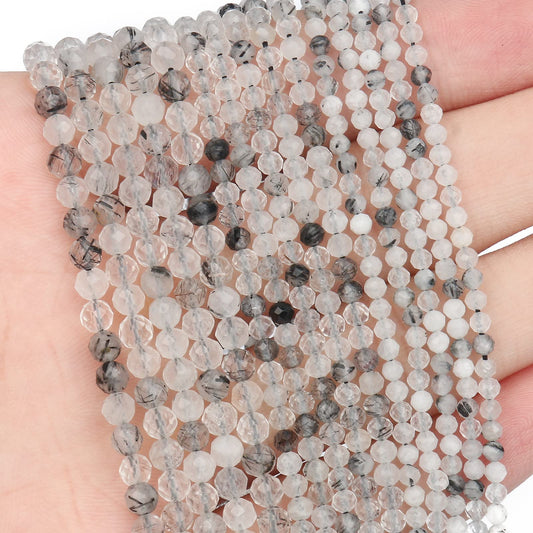 Song Xi 120pcs 3mm Natural Black Rutilated Quartz Gemstone Beads Faceted Round Loose Stone Beads for Jewelry Making (1 Strand)