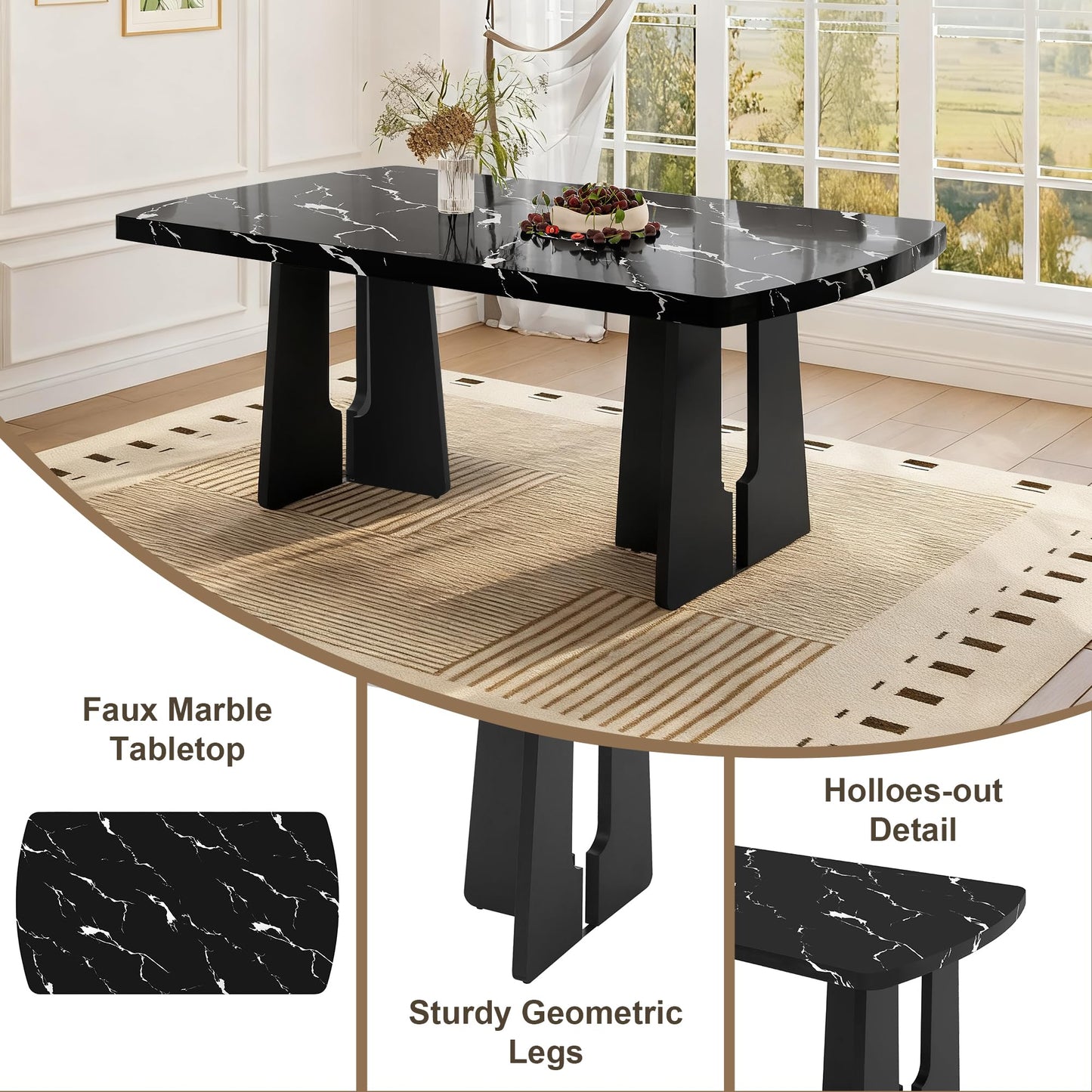 Merax 6-Piece Dining Table Set with Modern Faux Marble Oval Kitchen Tabletop, Four Upholstered Chairs and One Bench for Dining, Living Room, Kitchen, Easy Assembly, Black+Beige