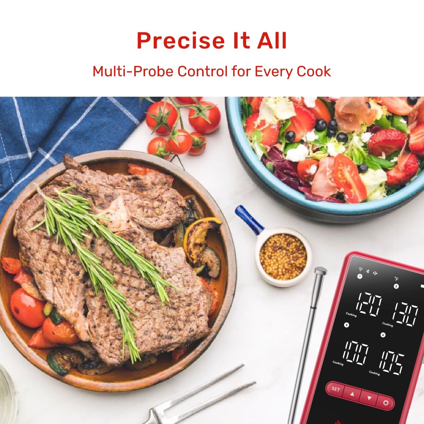Meatmeet Z Pro Wireless Bluetooth Meat Thermometer, Standalone Base, WiFi Unlimited Range, 1080 Heat Resistance, ± 0.18°F Accuracy, 1 Probe with 6 Sensors for Kitchen, BBQ, Grill, Oven, Smoker
