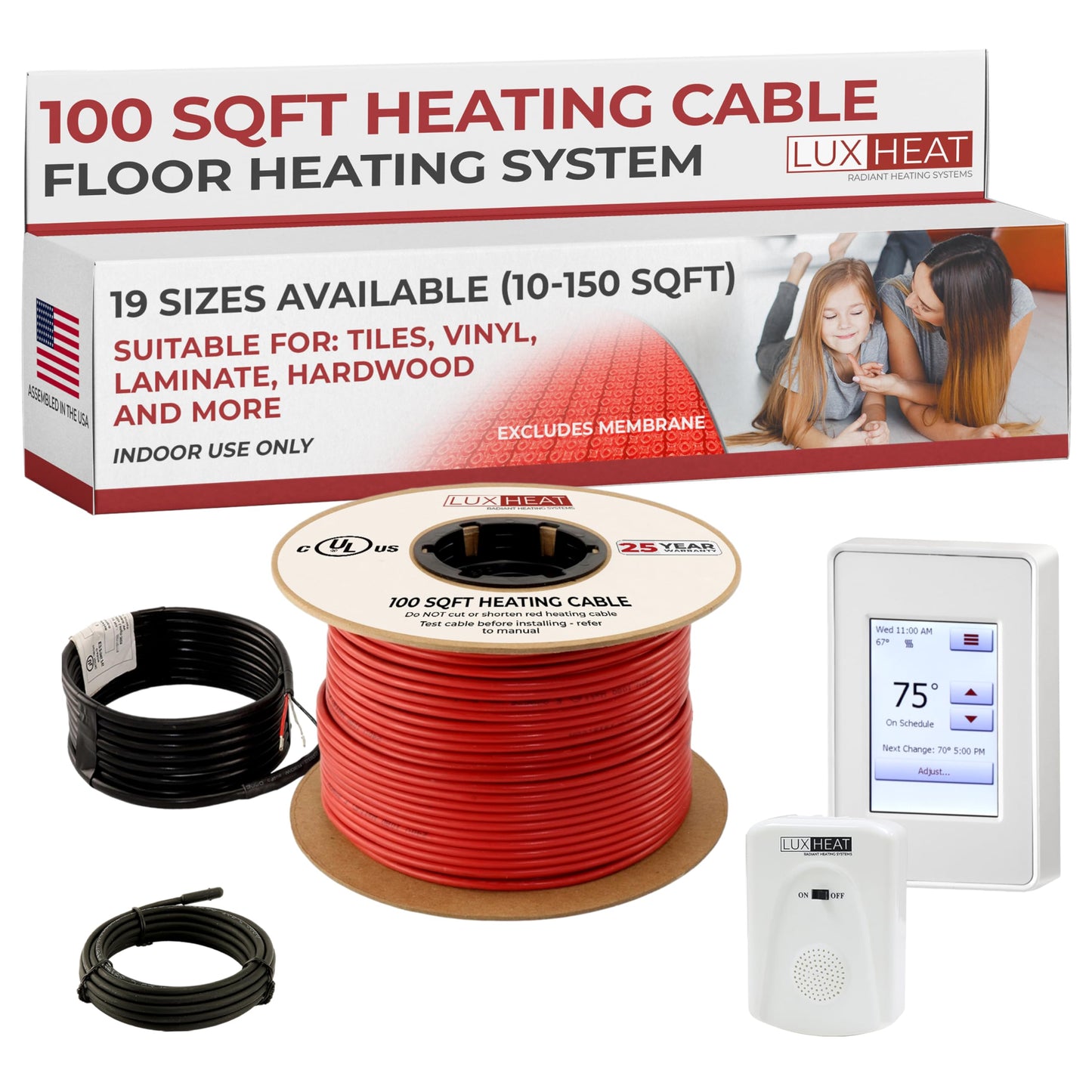 LuxHeat 100sqft Floor Heating Cable Kit - 120v Tile, Vinyl, Laminate Flooring Heating System - Heated Flooring System Includes UDG4 Programmable Thermostat w/GFCI, Heat Cable, Alarm & Floor Sensor
