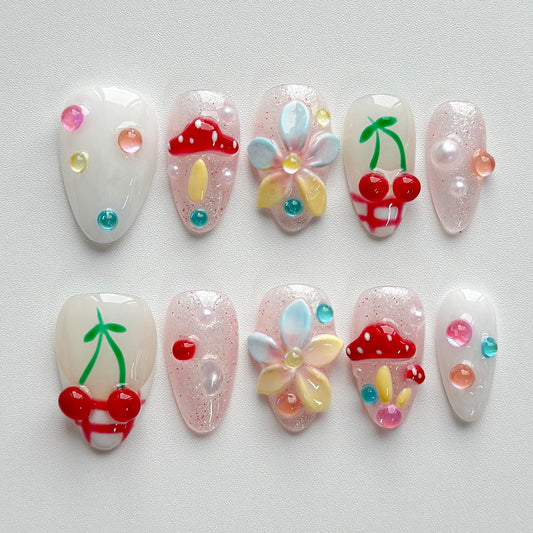 Luxury Press on Nails Short Almond Handmade 3D Unique Reusable ABS Material Fake Nails French Tip False Nails with Designs Mushroom Flower Glitter Glossy Glue on Nail Thick Acrylic Nail(S)