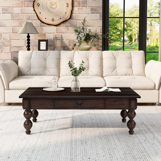 KEIKI 47''L Solid Wood Coffee Table with Storage Drawer, Rectangular Traditional Vintage Cocktail Center Table for Living Room, Rubber Wood Gourd-Shaped Legs, Acacia Wood Veneer, Espresso