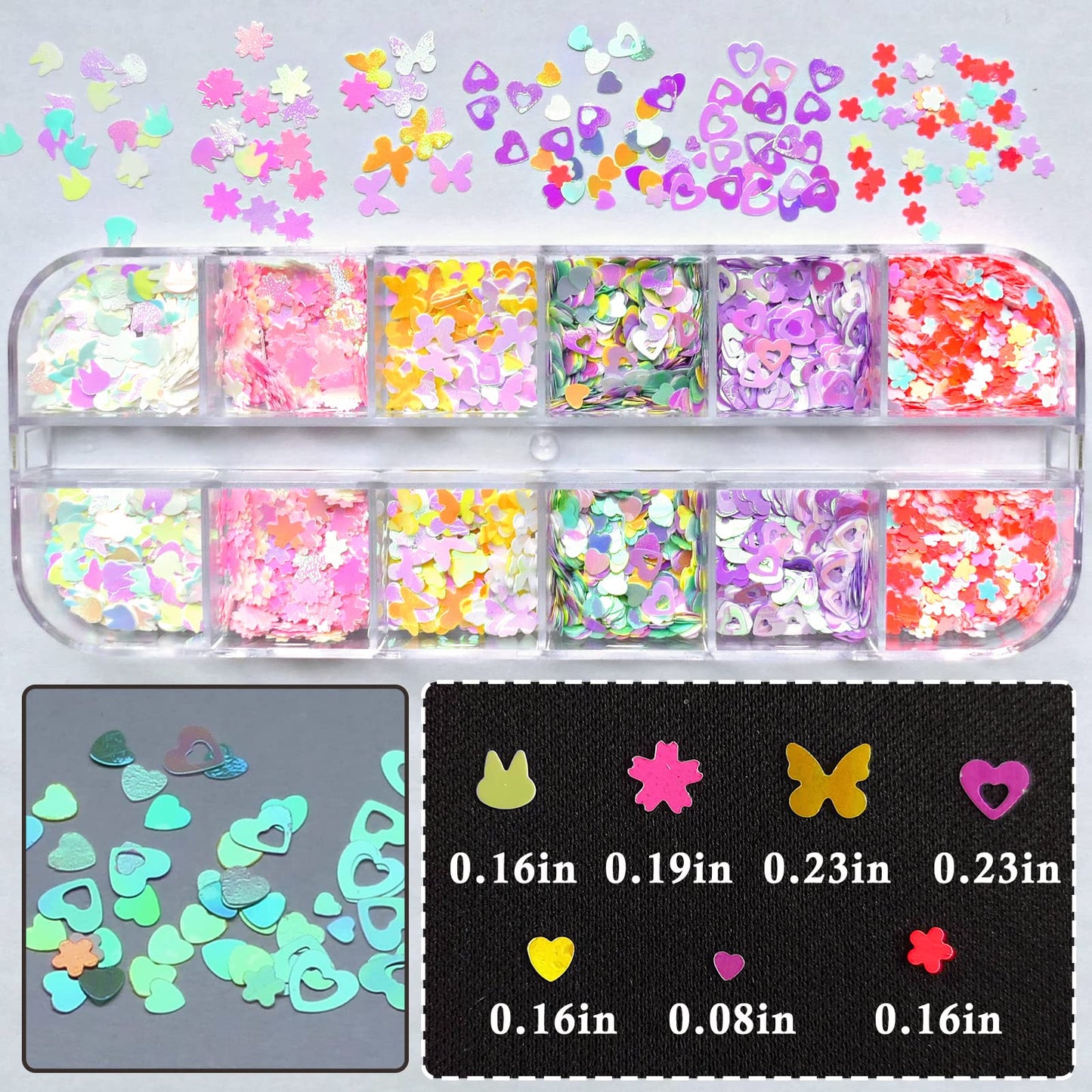 AddFavor 4 Boxes Nail Glitter Luminous Mermaid Chunky Glitter Flakes Fluorescent Mixed Shaped Flower Heart Star Nail Sequins Decals for Nail Art/False Eyelash Decor