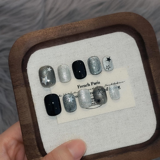 TENPAL Glitter Cat Eye Press On Nails 10 Pcs with Tools Kit - Handmade Black Grey Starry Sparkle Glue on Nails, Glossy Short Square Edgy Sweet False Nails,Reusable Fake Nails for Date Night Party(XS)