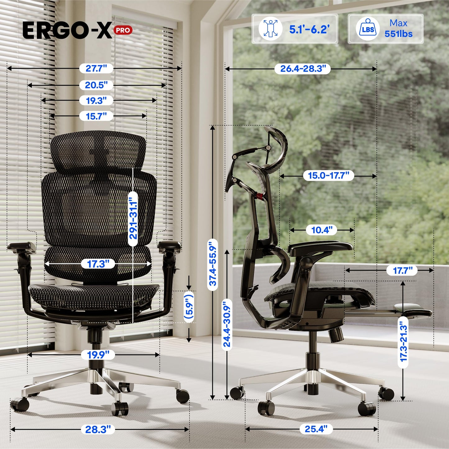 FLEXISPOT ErgoX-PRO Ergonomic Office Chair with Footrest Black – AeroWeave 5.0 Mesh Seat, 5D Lumbar, 7D Armrests, 4D Headrest, 551LBS Capacity – Office, Gaming, Home