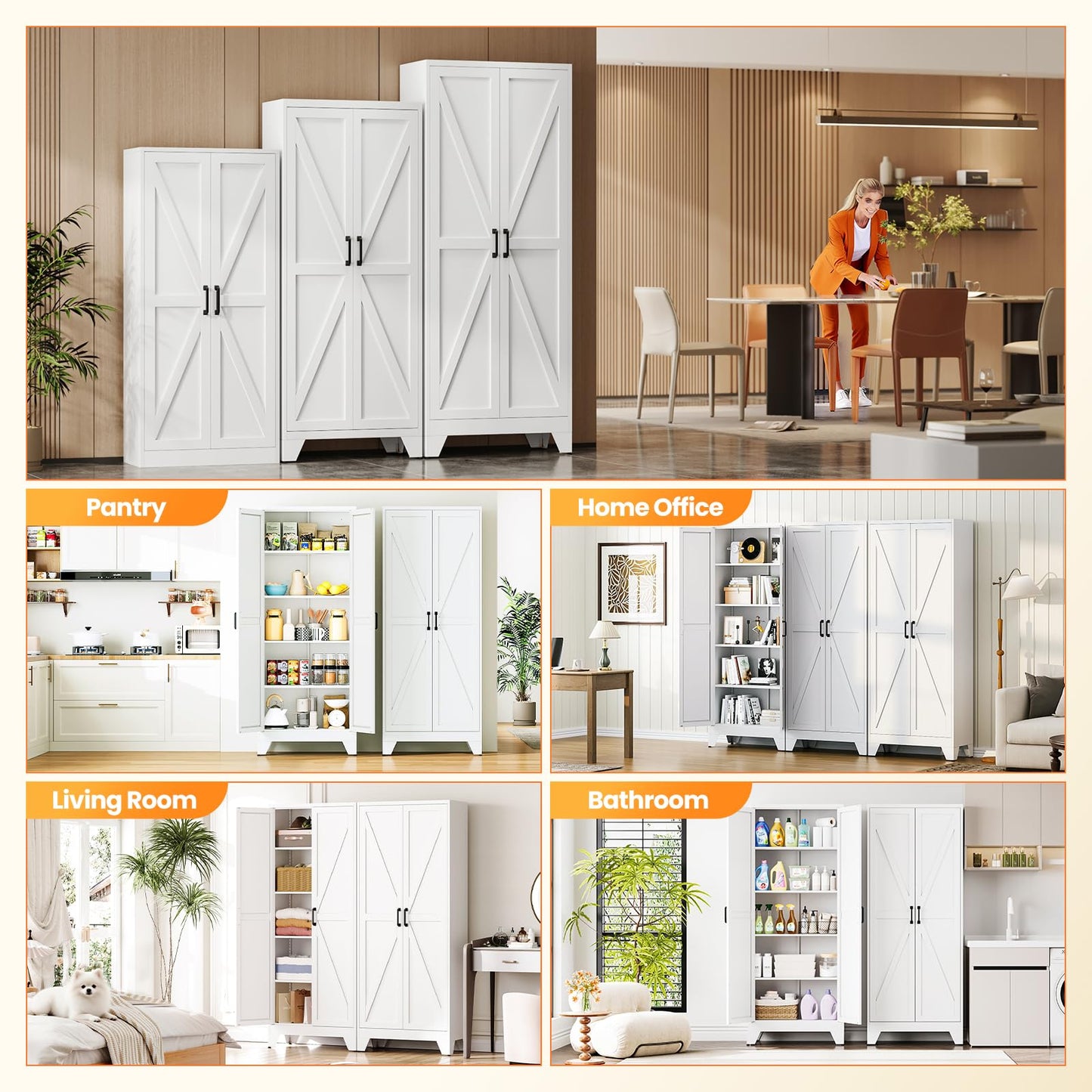 Metal White Storage Cabinet with 2 Doors and 4 Adjustable Shelves, 75" Tall Kitchen Pantry cabinets, Farmhouse Food Pantry Cabinet,5 Tier Freestanding Barn Door Cupboard for Kitchen Dining/Living Room