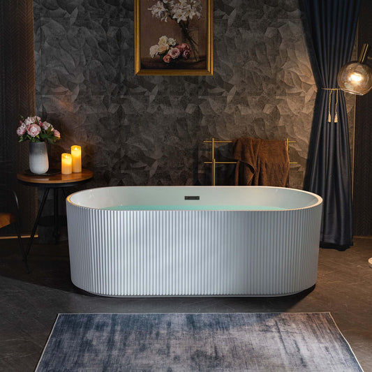WOODBRIDGE 67" L x 31-1/2" W Freestanding Contemporary Soaking Bathtub with Matte Black Pop-Up Drain Drain and Overflow Option, White, BTA1526/B0026+MB-Drain &O