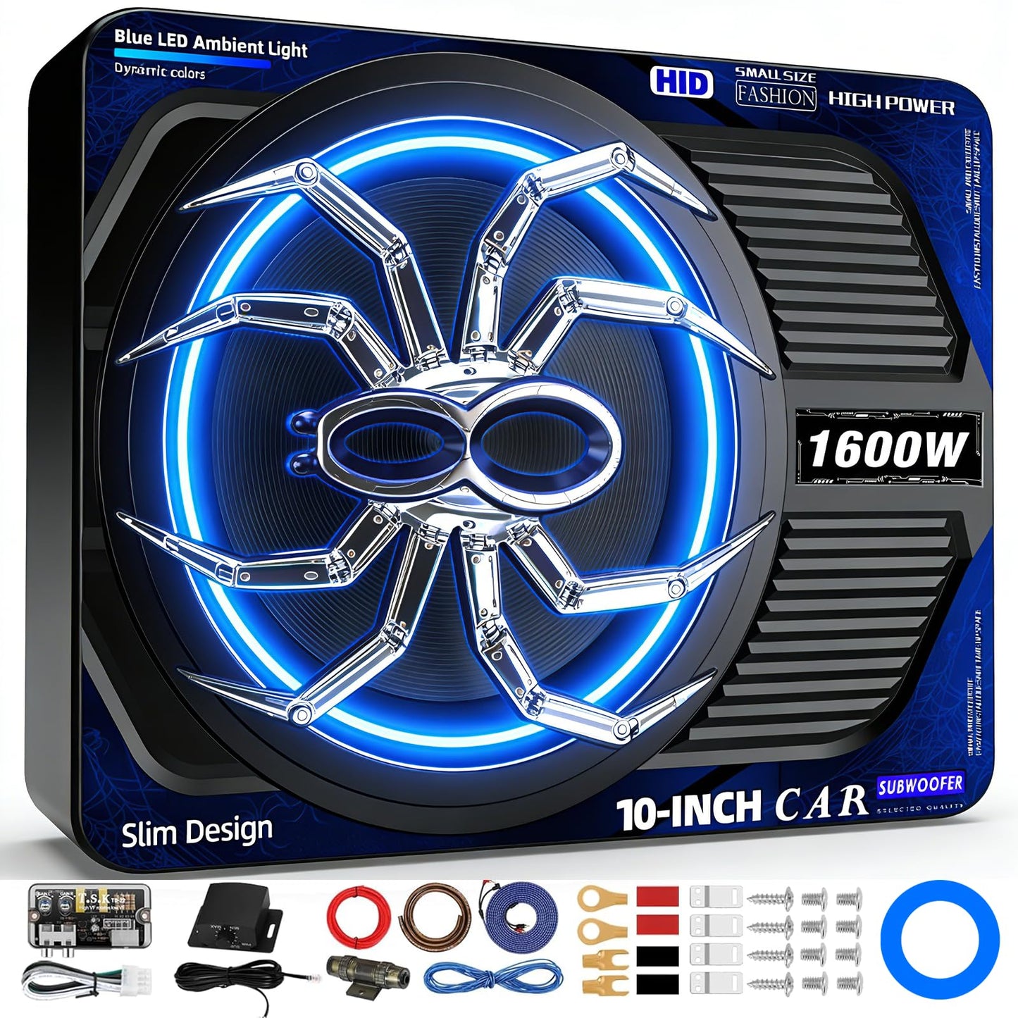 SUBPULSIX 1600W Slim Underseat Car Subwoofer and Amp Package with LED Switch, Powered Subwoofer Car Audio with Built-in Amp, Low Pass/Gain/Bass Boost Control, Deep Distortion-Free Bass for Truck SUV