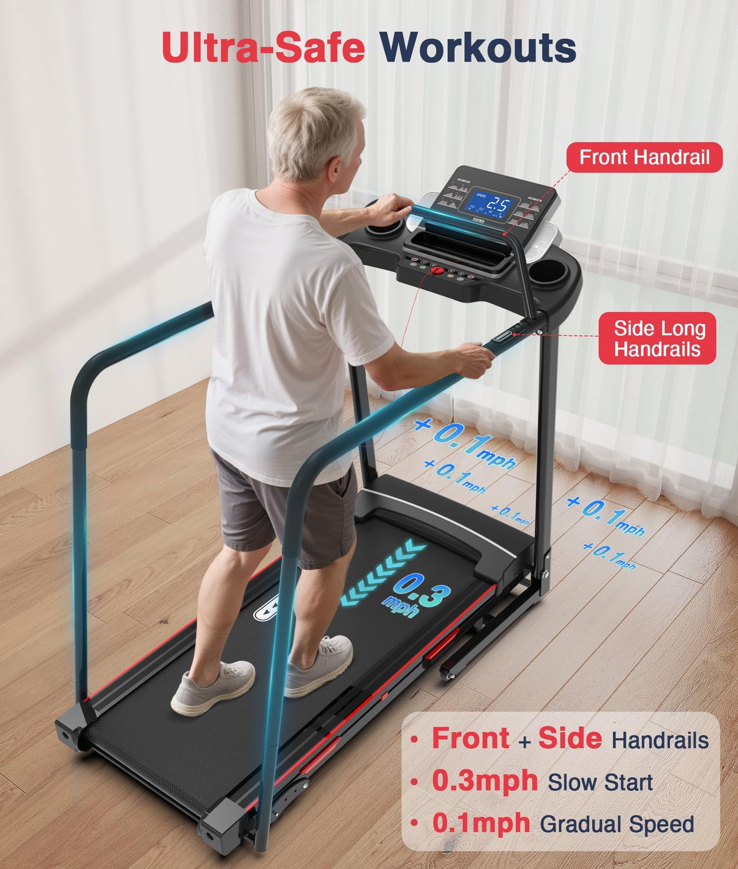 Redliro Walking Treadmill for Seniors Foldable - 400 Lb Capacity Senior Treadmill with Front & Long Handrails, 0%-2% Incline Home Recovery Fitness Exercise Machine for Elder, 47.6” Long Belt, APP