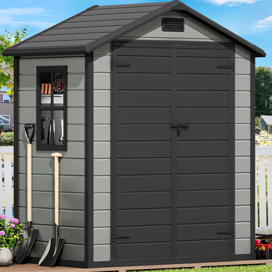 DWVO 6x4 FT Outdoor Storage Shed with Reinforced Floor, Resin Storage Shed with Lockable Door, Window and Vents, Waterproof Plastic Tool Shed for Garden Patio Backyard