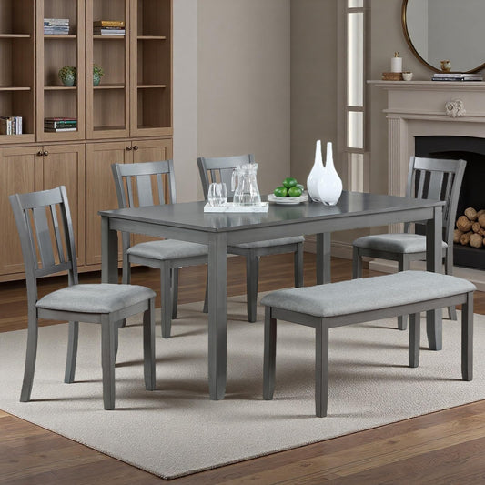 Trygoal Dining Table Set for 6, 6-Piece Kitchen Table Chairs Set with Rectangular Table, 4 Slatted Upholstered Chairs and Bench, Wooden Farmhouse Rustic Style Kitchen Dining Set for 6 Person, Gray