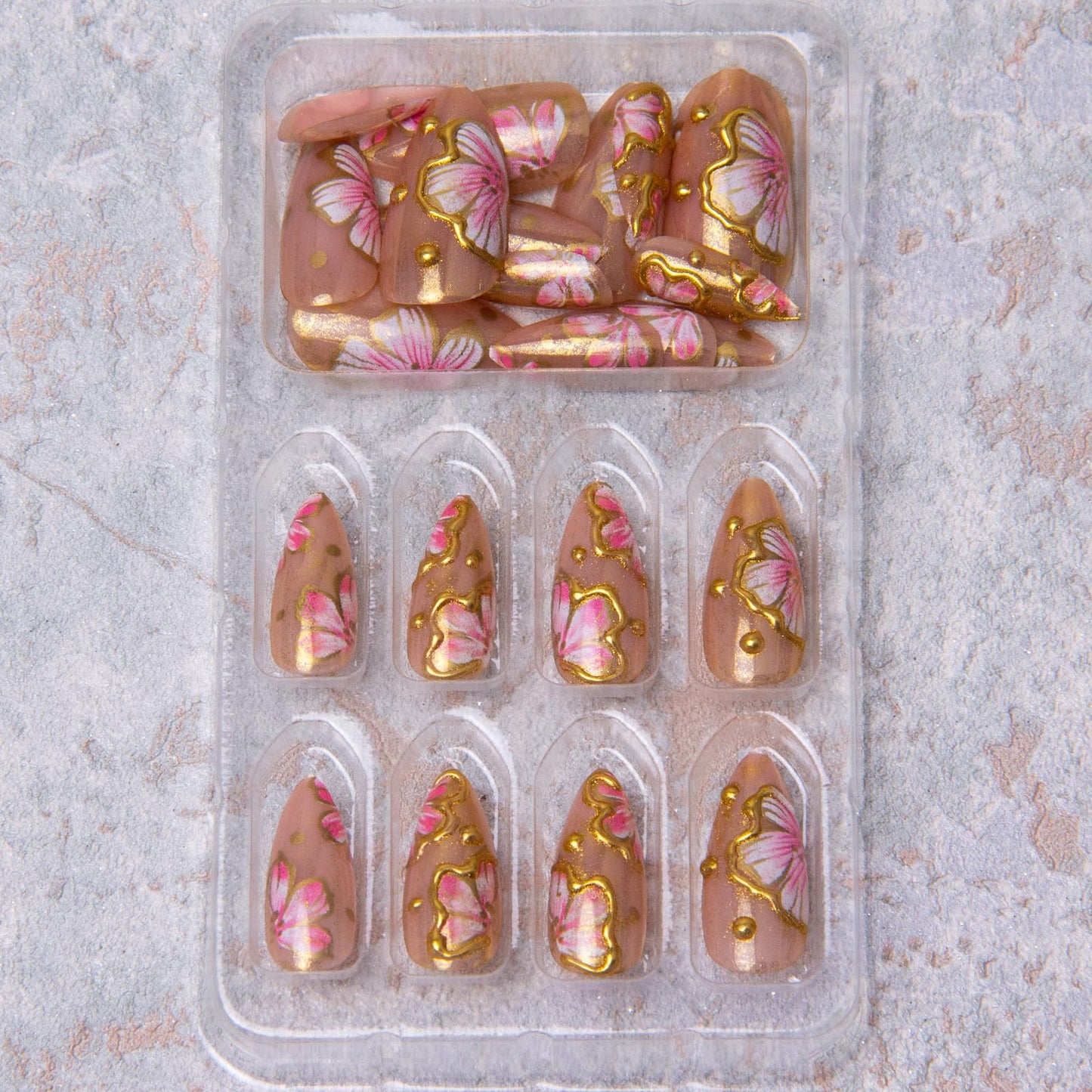 Flowers Press on Nails Medium Almond Fake Nails 3D Flowers Acrylic Nails Gold Floral False Nails Spring Artificial Nails Press ons with Gold Line Designs Glue on Nails for Women Girls 24Pcs