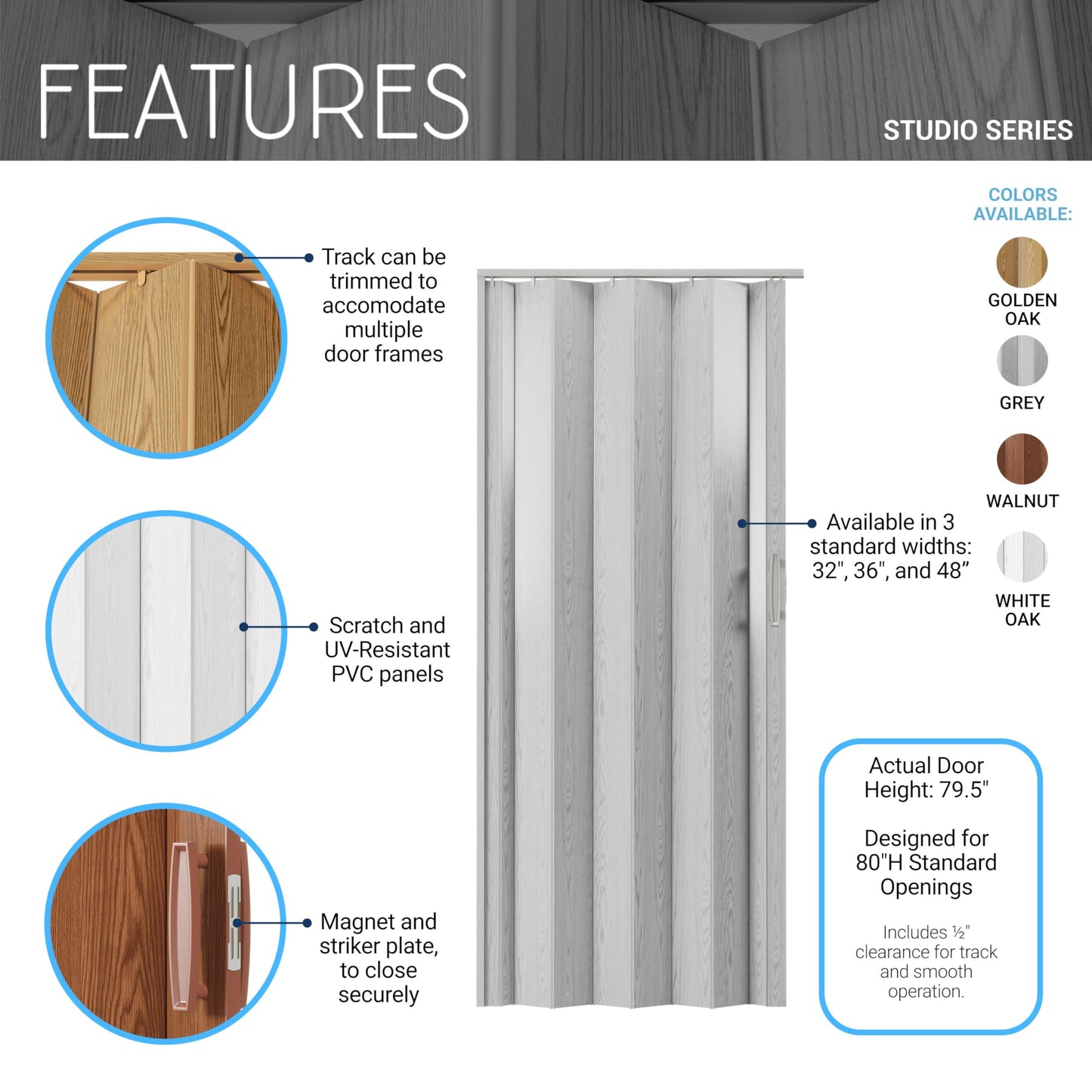 Techni Home Studio Series 48" W x 80" H PVC Foldable Accordion Door, Trimmable, Flexible Single Layer Panels, White Oak