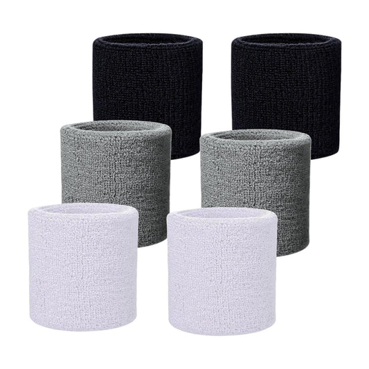 Fecawd 6 Pack Wristbands Sweatbands for Men & Women, Breathable Tennis Wrist Bands Absorbent Sweat Band Multiuse Wristband for Basketball, Running, Gym, Working Out(Black,White,Grey)