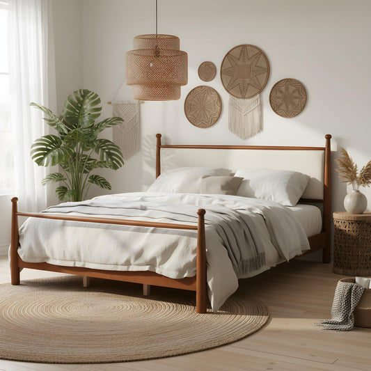 Merax Modern King Size Solid Wood Platform Bed with Upholstered Headboard, Mid-Century Low Bed Frame with Sturdy Wood Legs/No Box Spring Needed/Easy Assembly, Beige+Walnut