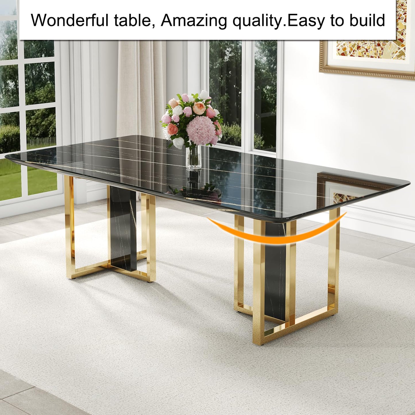hohoedc 79'' Modern Dining Table Set for 8, Black Kitchen Table with 1.8" Thick Faux Marble Top & 8 PU Leather Chairs, Luxury Dining Room Furniture Set for Kitchen/Dinner Room