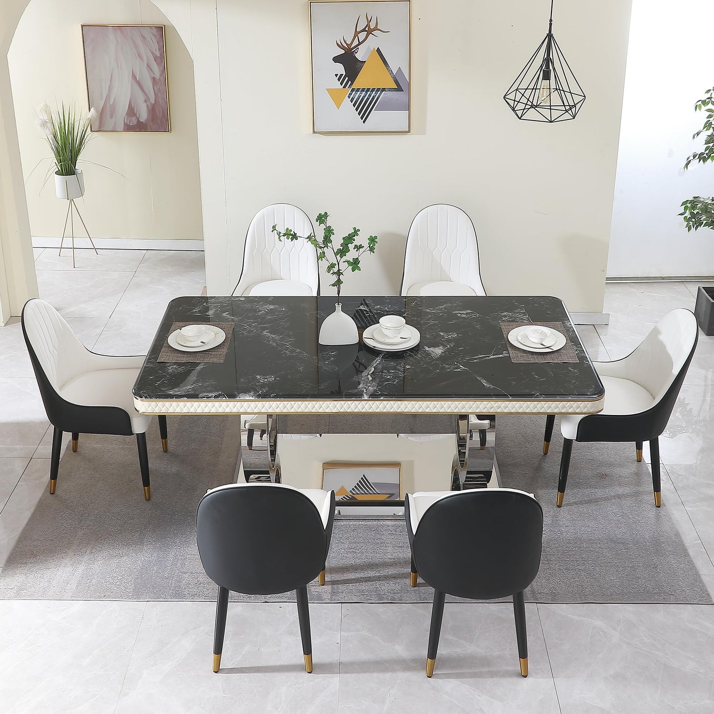 Legendstone 79" Marble Dining Table Set for 6, Modern Kitchen Table with Double-Circle Shaped Stainless Steel Base, Luxury Black Dining Set with 6 Black-White Dining Chairs for Home, Kitchen