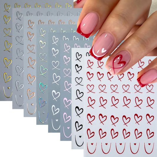 8Sheets Valentines Day Nail Art Sticker Set 3D Self Adhesive Hearts Nail Decals Love Hollow Peach Heart Shaped Nail Design Valentine French Sticker Nail Supplies for Women Valentine Holiday Nail Decor